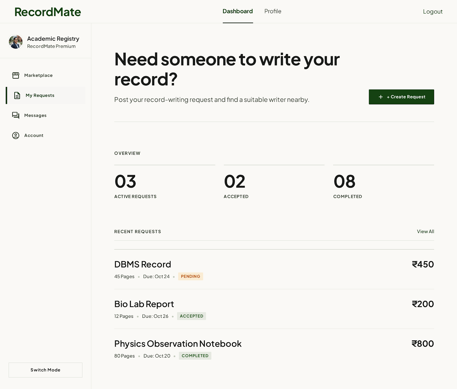 RecordMate application screenshot showing the student dashboard and record coordinator interface